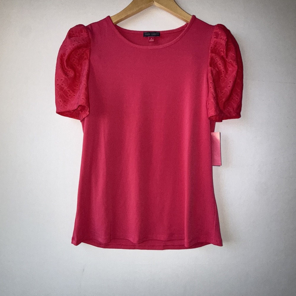 Vince Camuto Women's‎ Pink Short Puff Eyelet Sleeve Top Polyester Spandex Small